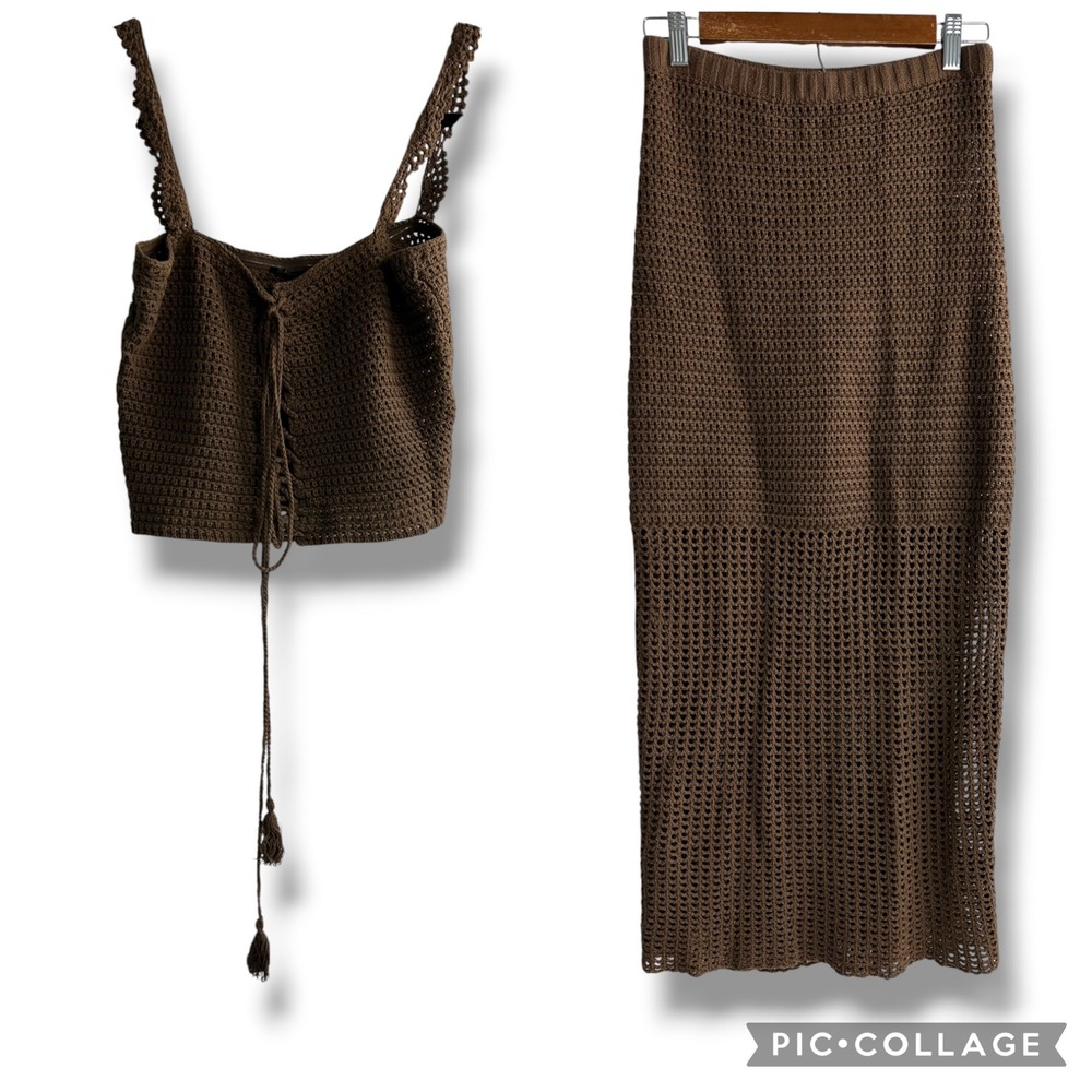 JLUXLABEL Crochet 2 Piece Set Women Large Brown Lace Up Top Midi Skirt Set